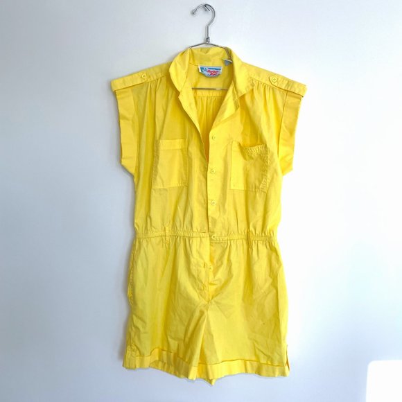 Vintage 1980s 60s 70s Yellow Romper Shortall Playsuit Medium 6 8 - Picture 1 of 7